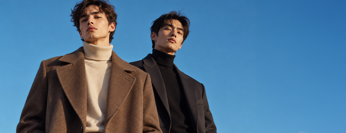 Two male models wearing winter outerwear, one in a brown coat over a cream turtleneck and the other in a black coat over a black turtleneck, set against a clear blue sky.