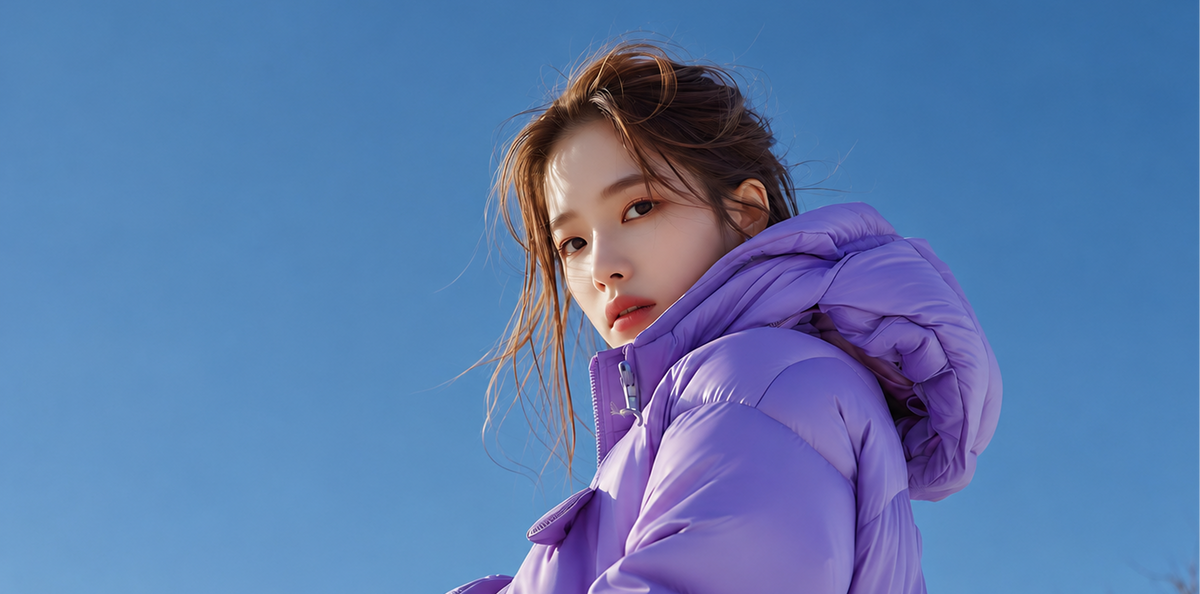 A woman wearing a bright purple puffer jacket, photographed from a low angle against a clear blue sky.