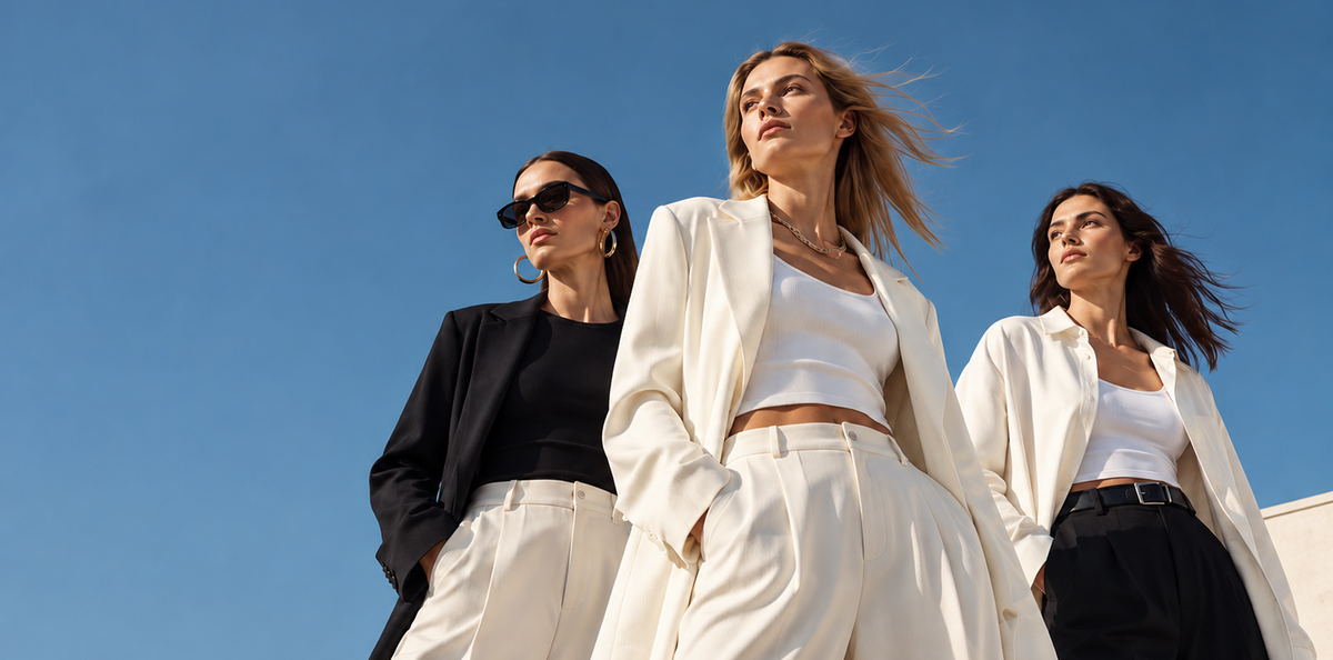Three women posing outdoors against a clear blue sky, showcasing fashion looks with white and black blazers, white crop tops, and matching trousers.