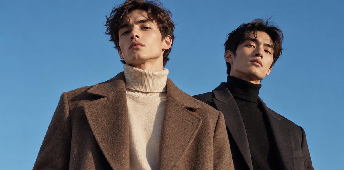 Two male models wearing winter outerwear, one in a brown wool coat over a cream turtleneck and the other in a black blazer over a black turtleneck, set against a clear blue sky.