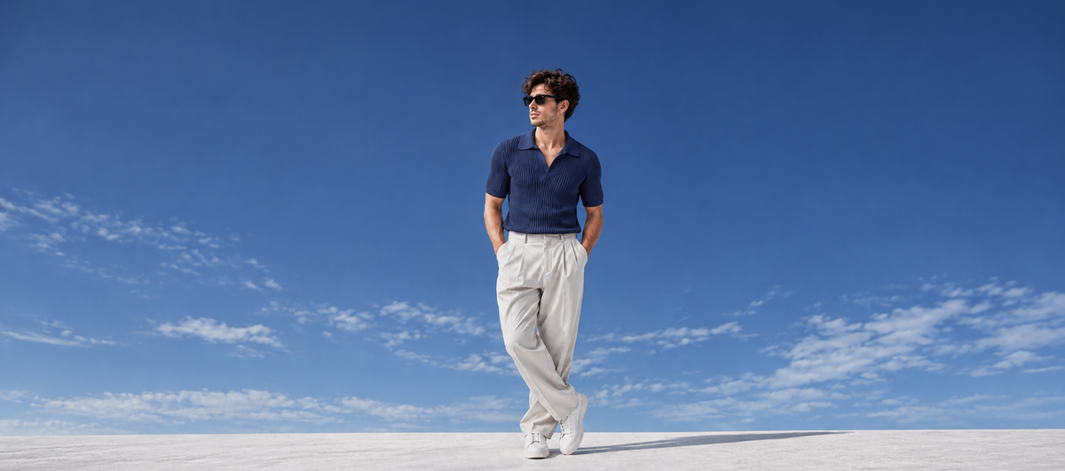 A man wearing a navy blue polo shirt, off-white trousers, and white sneakers stands on a bright white surface under a clear blue sky with light clouds.