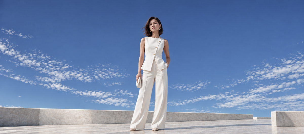 A woman stands outdoors on a stone terrace under a bright blue sky with wispy clouds, wearing a sleeveless cream-colored two-piece outfit with matching handbag.