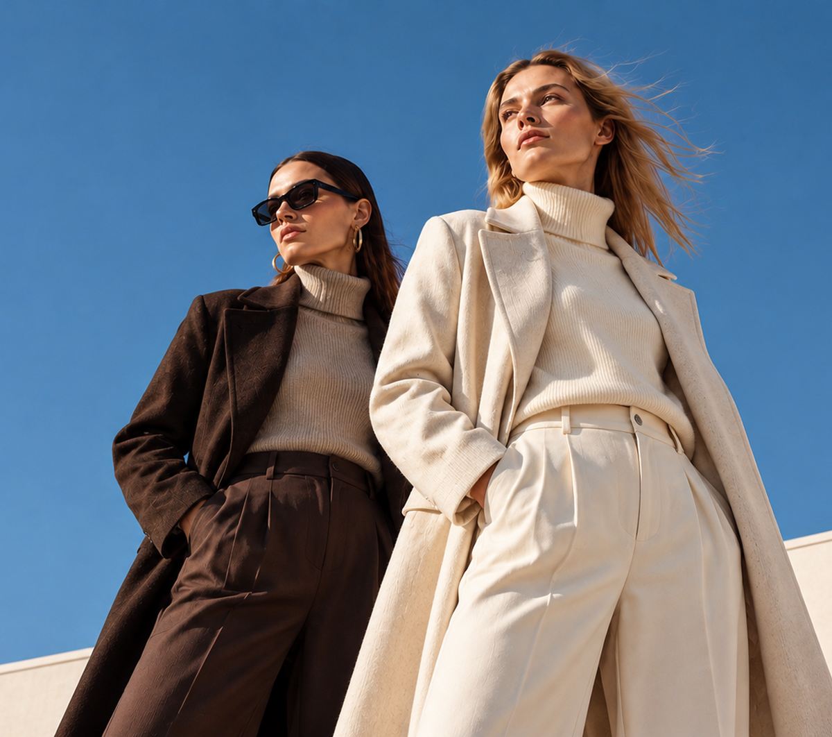 Two fashion models posing outdoors against a clear blue sky, wearing coordinated neutral-toned outerwear and trousers. One model wears a dark brown coat and matching pants over a beige turtleneck, while the other wears a cream-colored coat and matching high-waisted trousers over a cream turtleneck.