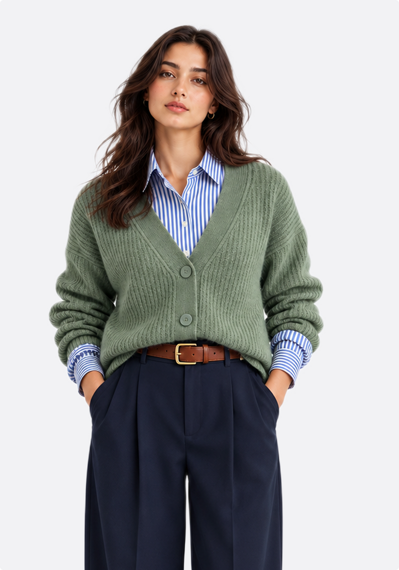 Sage Green Ribbed Knit Cardigan - front full view