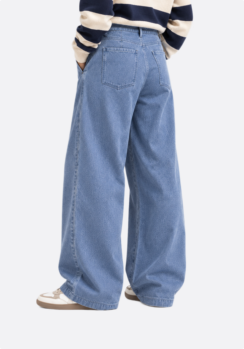 Wide-leg pleated denim jeans - side back view