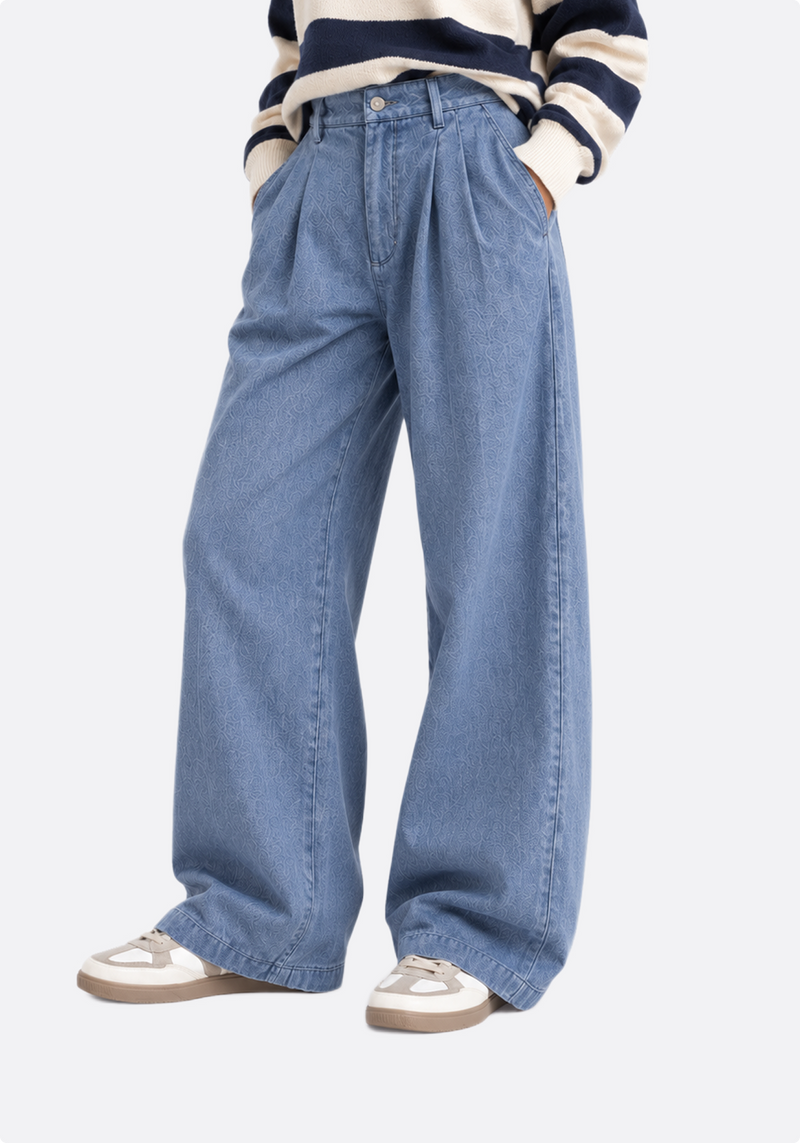 Wide-leg pleated denim jeans - back view