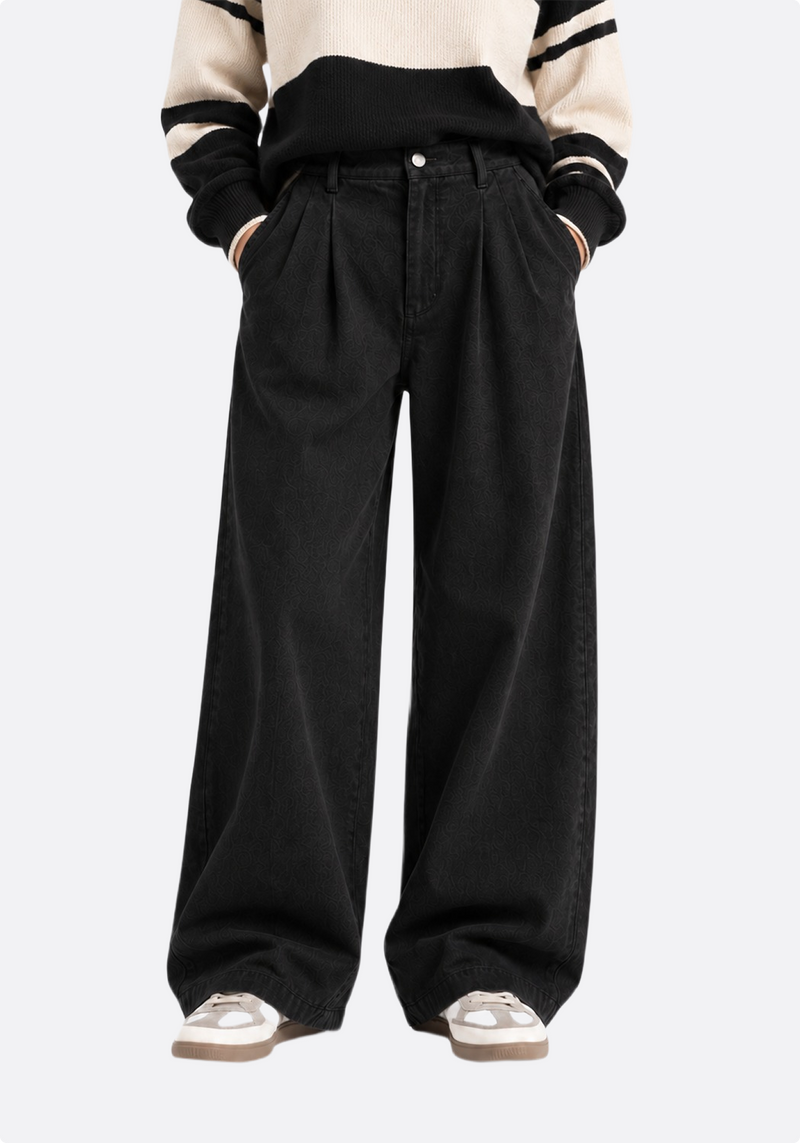 Men's black wide-leg pleated trousers – back three-quarter view