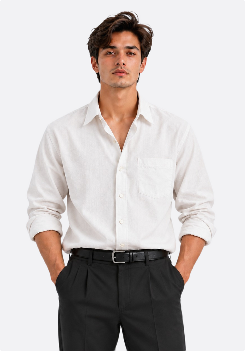 Men's white linen button-up shirt – front view