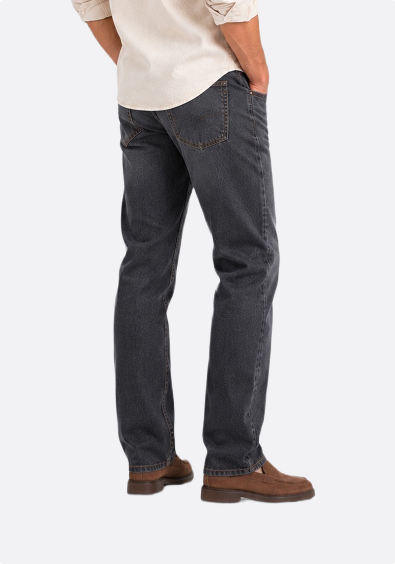 Men's charcoal grey straight-leg jeans – three-quarter front view