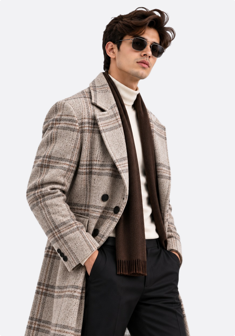Men's beige plaid double-breasted overcoat – front view with scarf