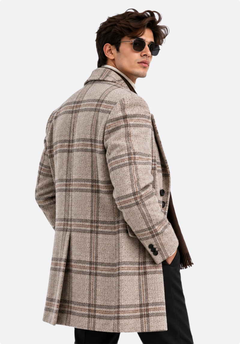 Men's beige plaid double-breasted overcoat – front close-up view