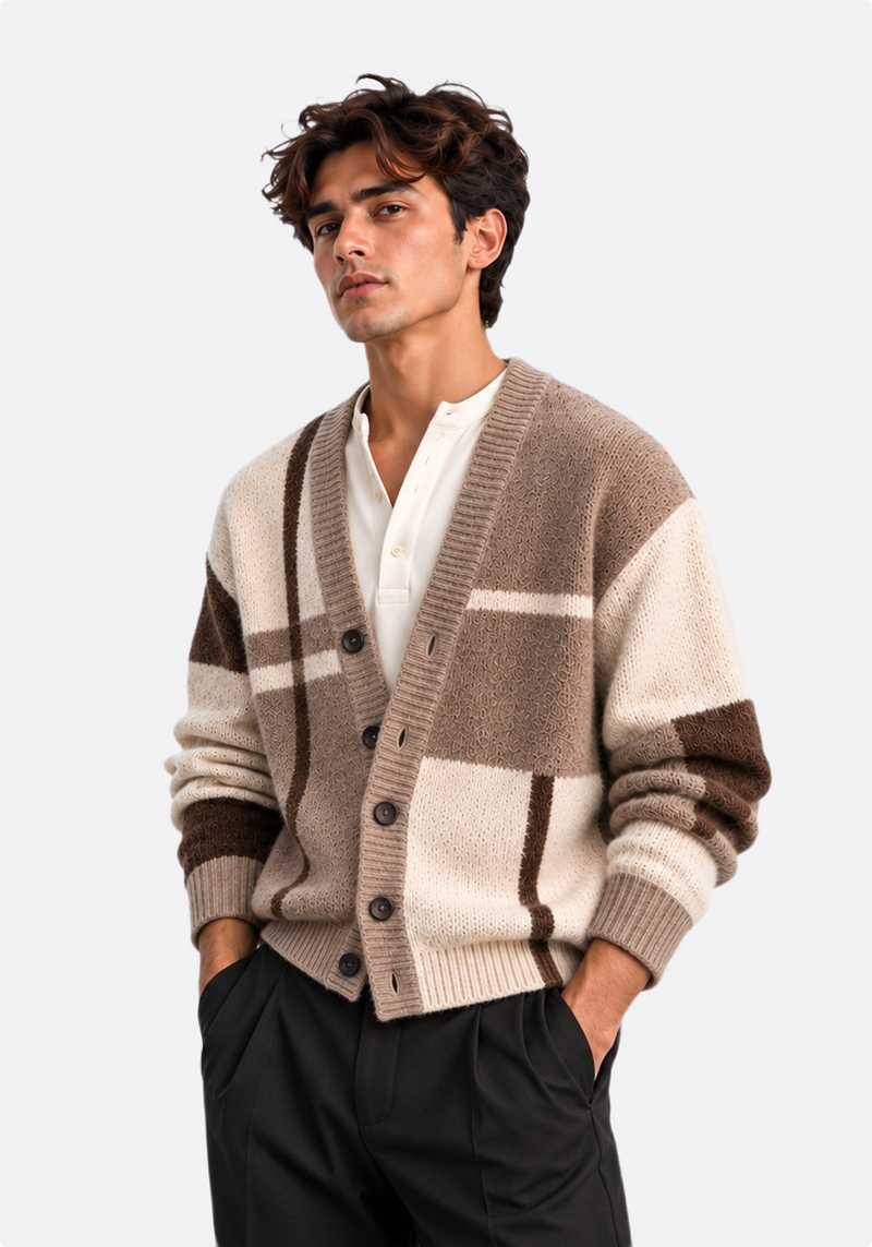 Men's colour-block knit cardigan – front view, buttoned