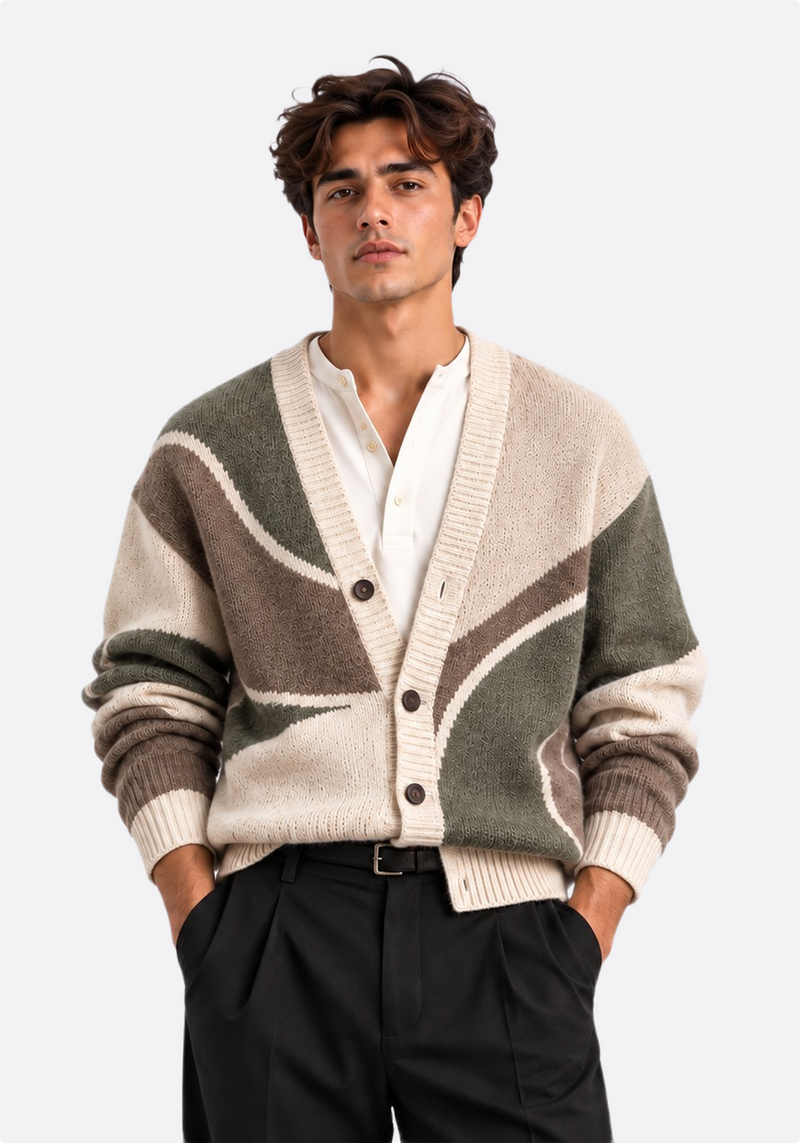 Men's abstract colour-block knit cardigan – front view on model