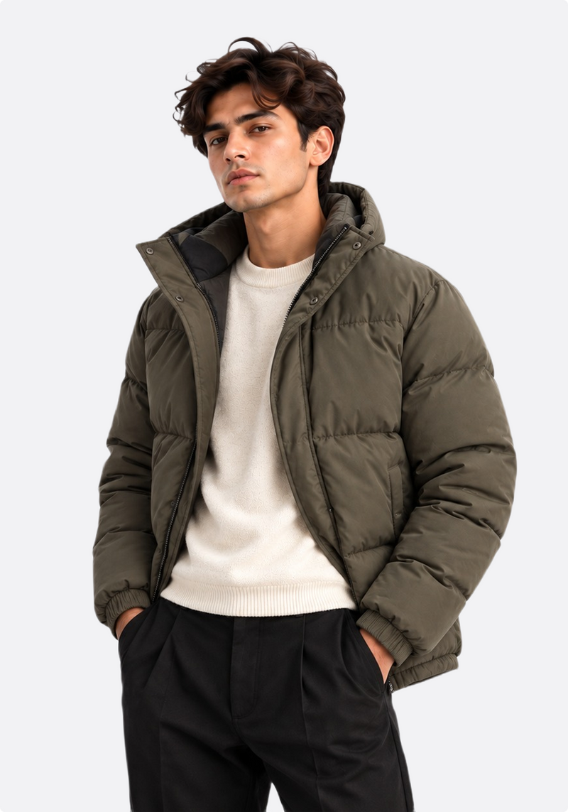 Men's olive puffer jacket – front view, open