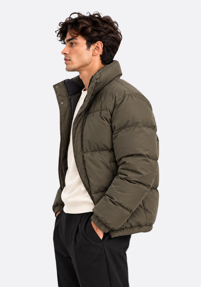 Men's olive puffer jacket – front view, collar up