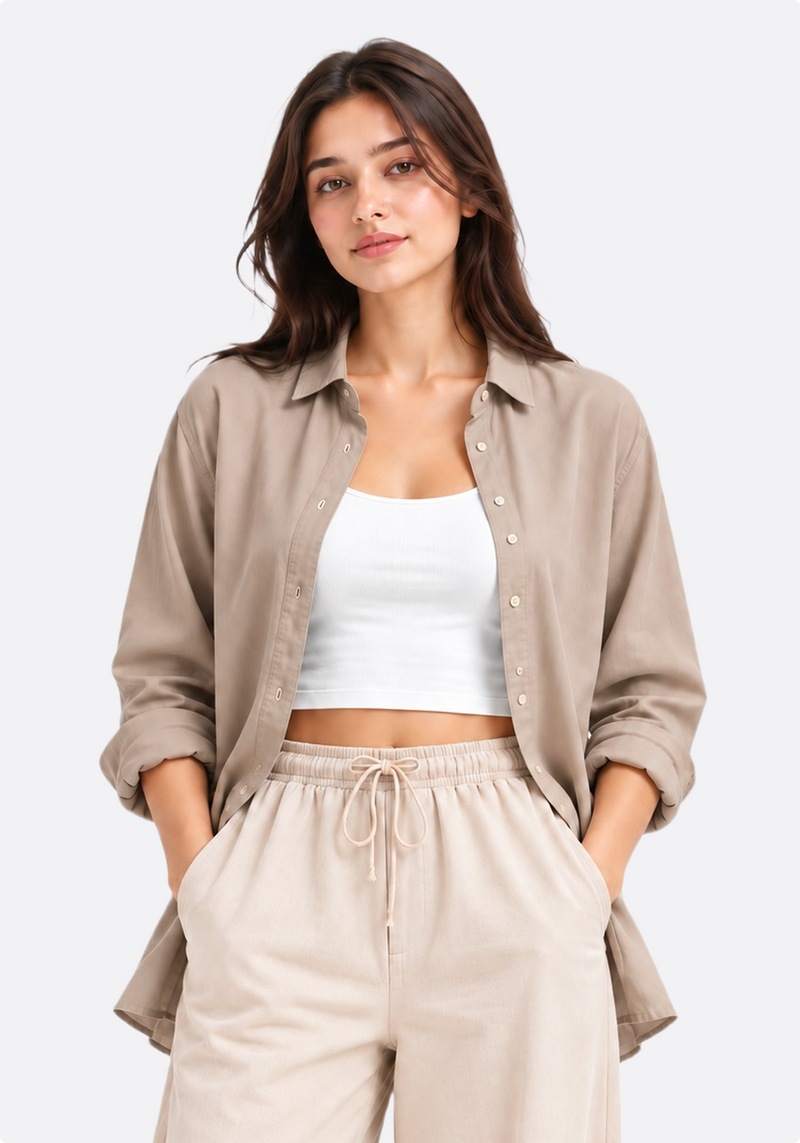 Women's taupe oversized linen shirt – front view on model