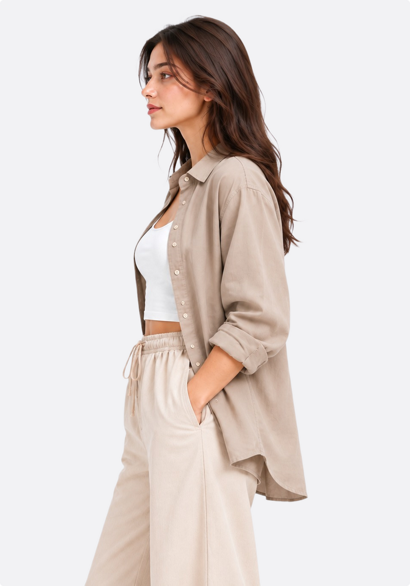 Women's taupe oversized linen shirt – side view left