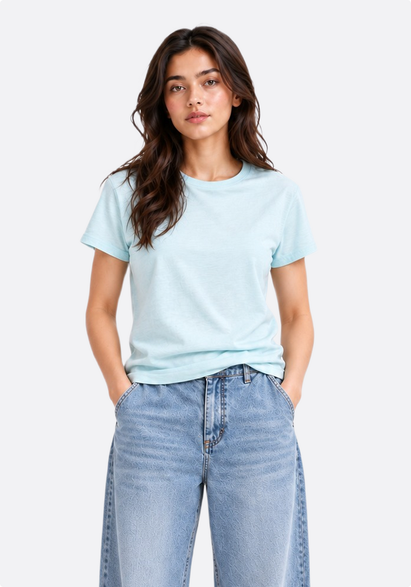 Women's mint crew-neck cotton t-shirt – front view on model