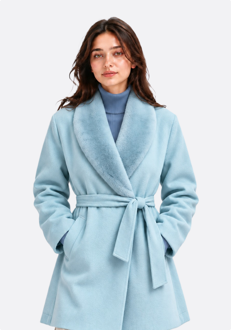 Women's powder blue belted wrap coat – front view with shawl collar