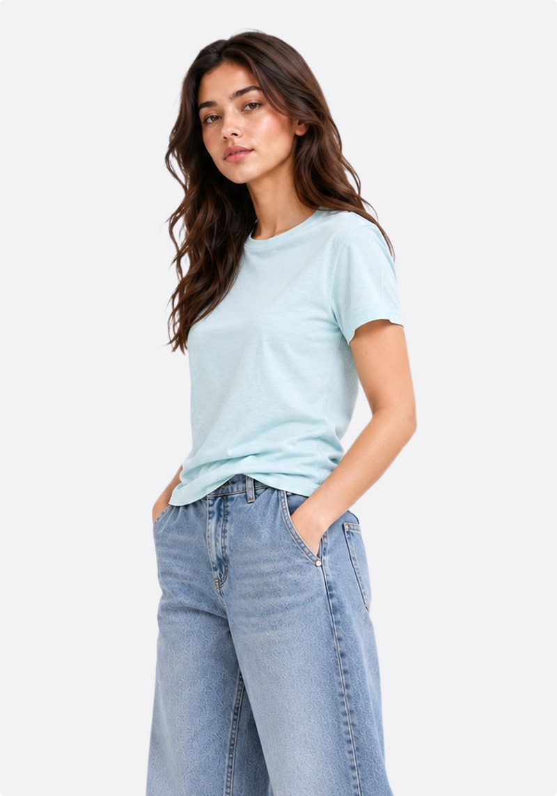 Women's mint crew-neck cotton t-shirt – front three-quarter view