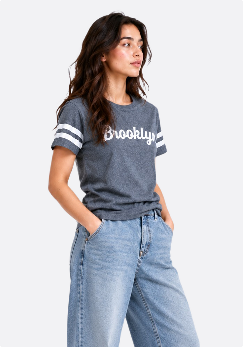 Women's Brooklyn varsity stripe graphic t-shirt – front three-quarter view