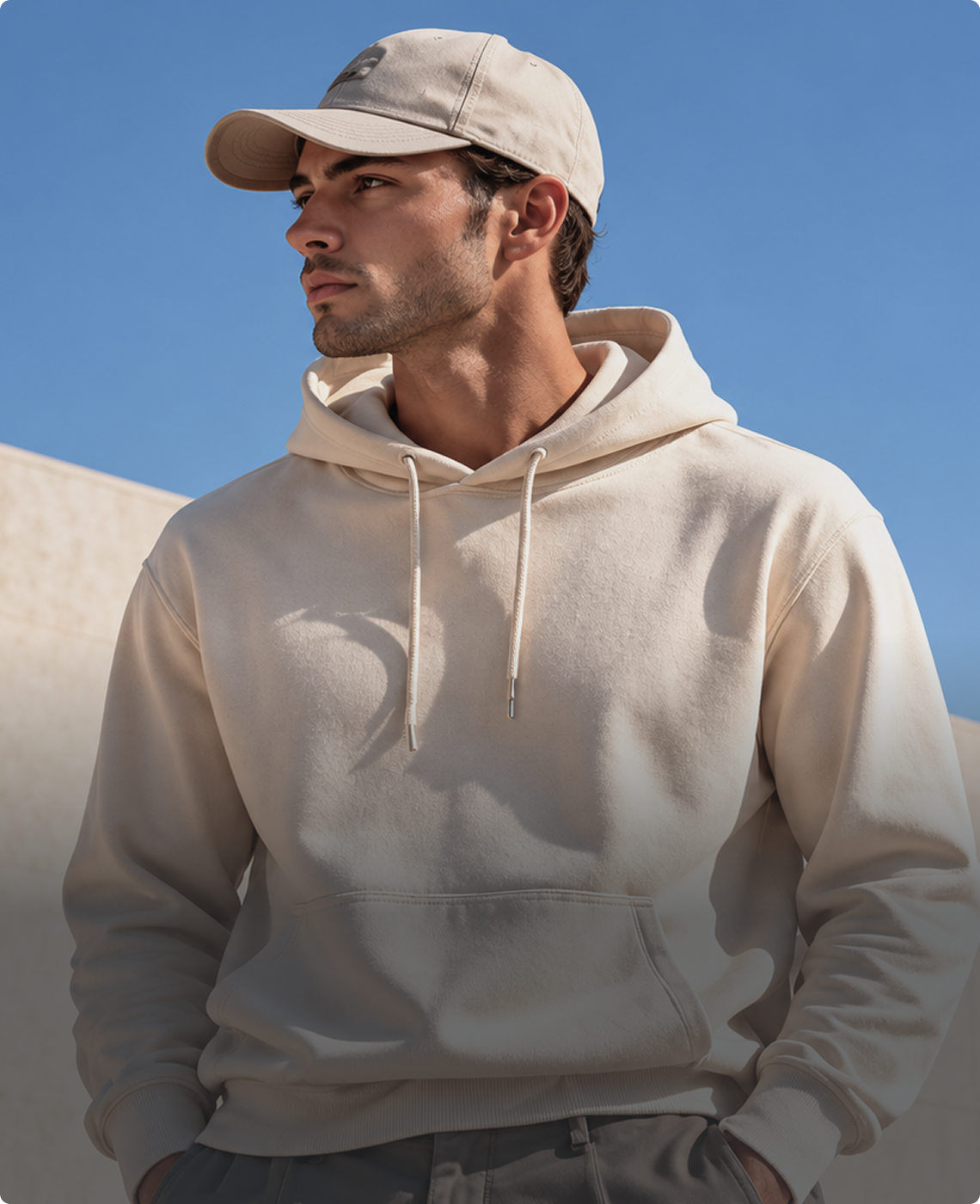 A man wearing a light beige hoodie and matching baseball cap, photographed outdoors against a clear blue sky and a light concrete wall.
