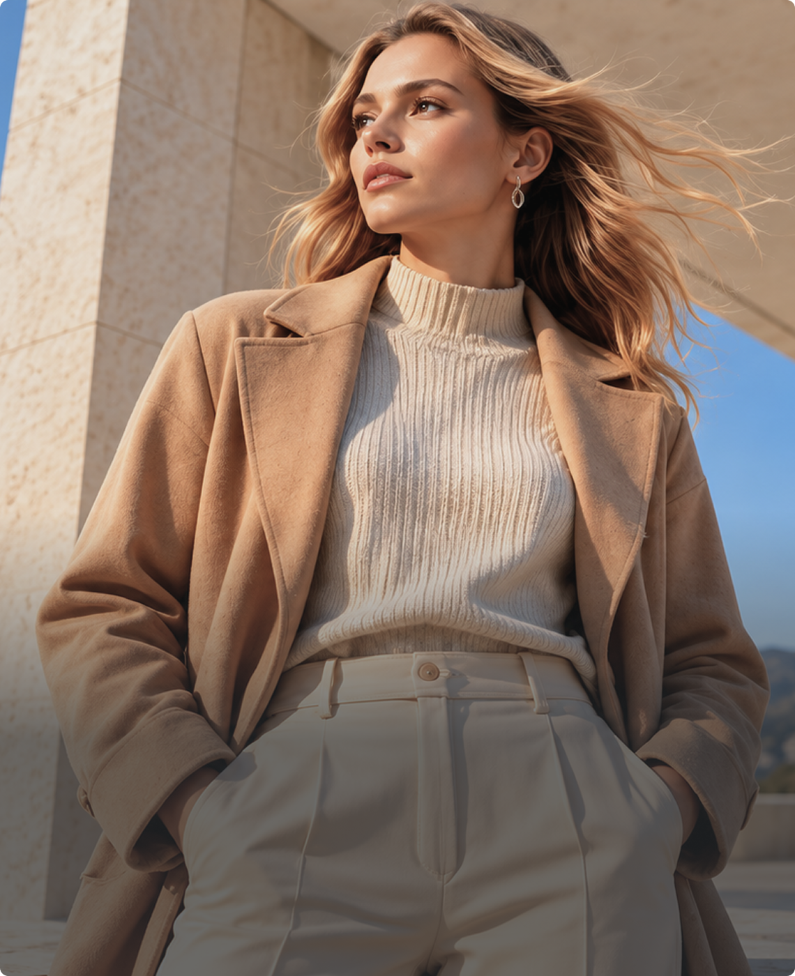 A woman wearing a camel wool coat over a cream ribbed turtleneck sweater and light beige trousers, photographed outdoors against a stone architectural background.