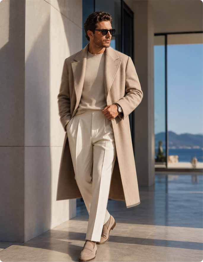A man wearing a long beige overcoat, cream sweater, cream trousers, and beige loafers stands in a modern outdoor corridor with large windows overlooking water and mountains.