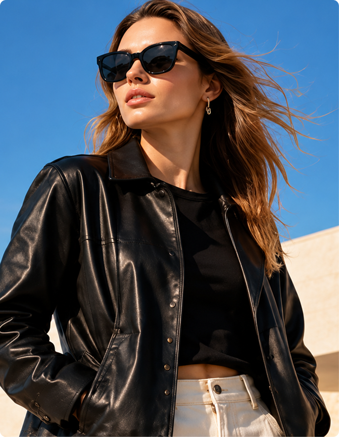 A woman wearing black sunglasses, a black leather jacket, a black cropped top, and off-white pants, photographed outdoors against a clear blue sky.