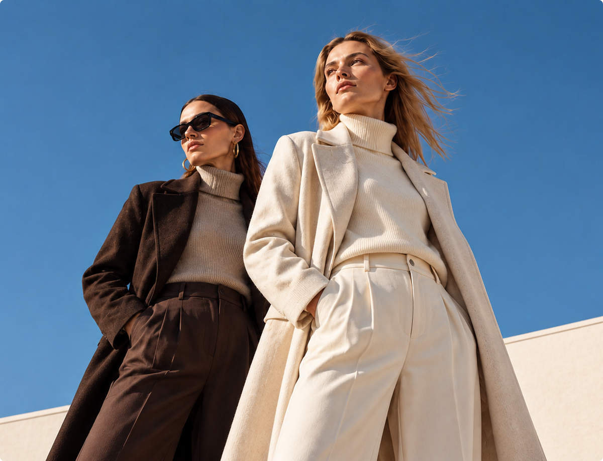 Two women posing outdoors against a clear blue sky, wearing coordinated beige and brown outerwear with turtlenecks and wide-leg trousers.